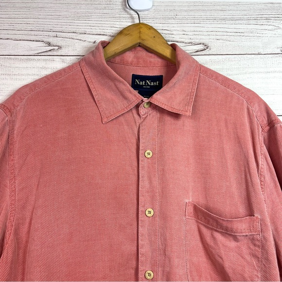 Nat Nast Mens Short Sleeve Red Button Down Shirt Size L Silk Cotton - Picture 3 of 11